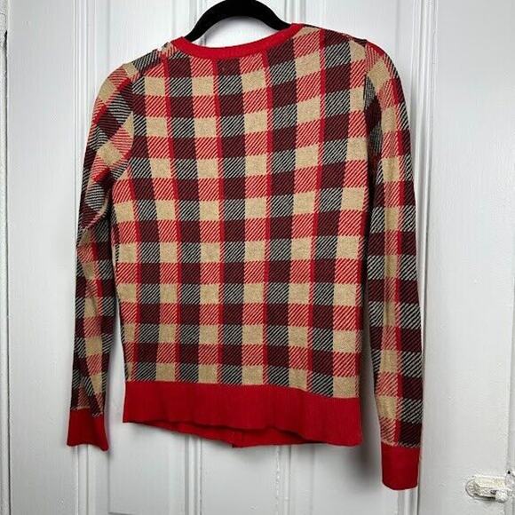 Charter Club Cardigan Sweater Womens Small Red Black Gold Plaid Sequin Holiday - Picture 5 of 7